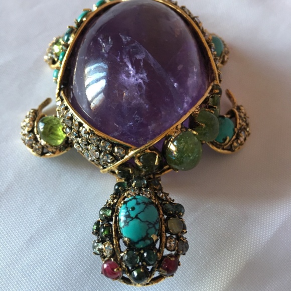 IRADJ MOINI Vintage Costume Jewelry Large Turtle Gemstone Brooch Pin Pendant - Picture 4 of 7